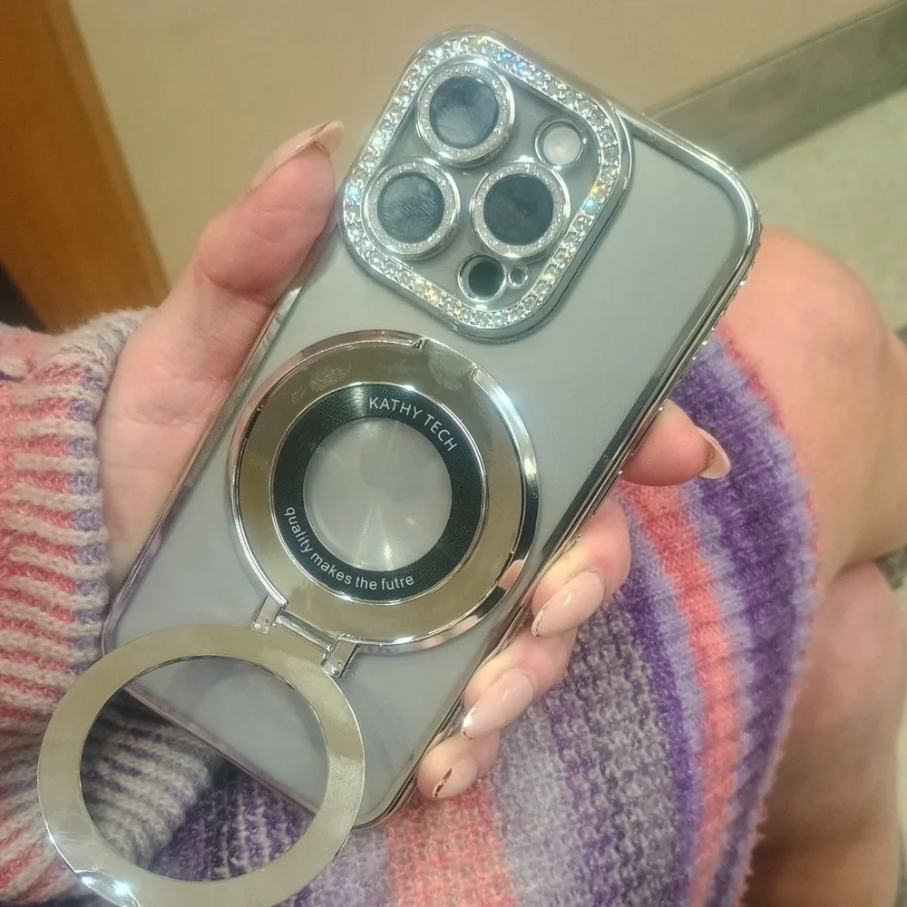 CLEAR SILVER RHINESTONE BLING IPHONE 15PRO PHONECASE WITH KICKSTAND
